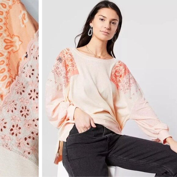 NEW Free People Feelin' It Blouse Alabaster Embroidered Bohemian Patchwork - Picture 8 of 8